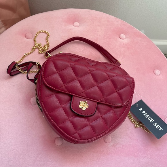 Maroon Heart quilted 2 Piece purse NWT - Picture 3 of 7